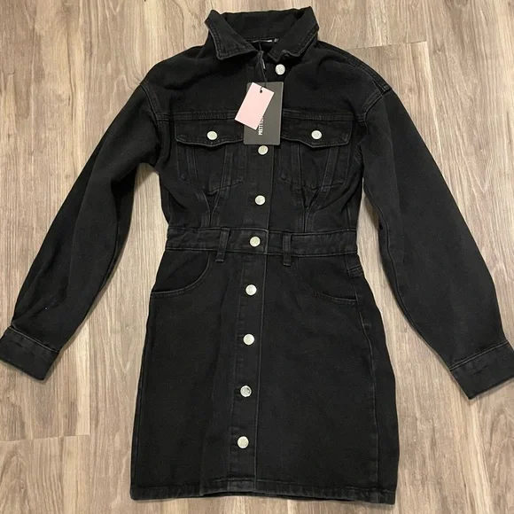 PrettyLittleThing | Dresses | Pretty Little Thing Washed Black Long Sleeve  Button Down Denim Dress | Poshmark